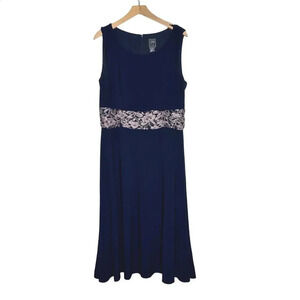 JH Blue Sleeveless Fit‎ + Flare Dress Glittery Lace Waist Band Back Zipper Sz 18